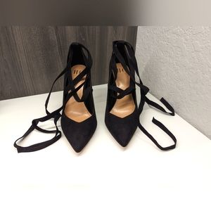 JLO Tie Up Black Suede Ribbon Stilleto Heels